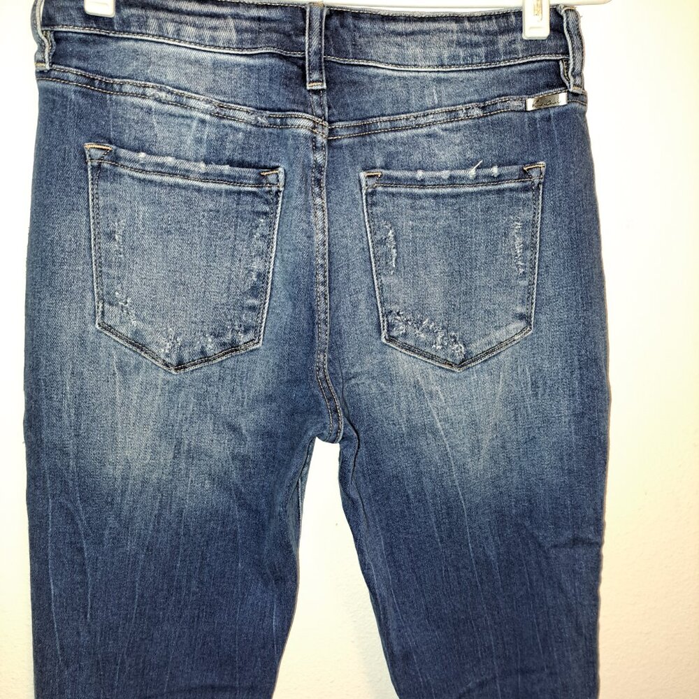 Kancan Estilo Denim Tapered Jeans Size 28 Distressed Blue Mid Rise Raw Hem - Picture 1 of 9